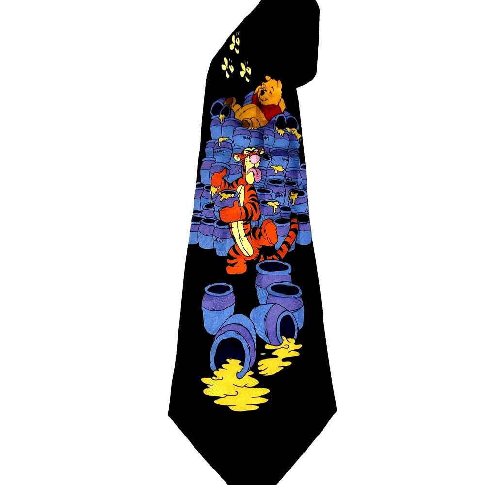 Winnie the Pooh Tigger 100% Silk Tie Honey Pot Disney Mens Necktie Black